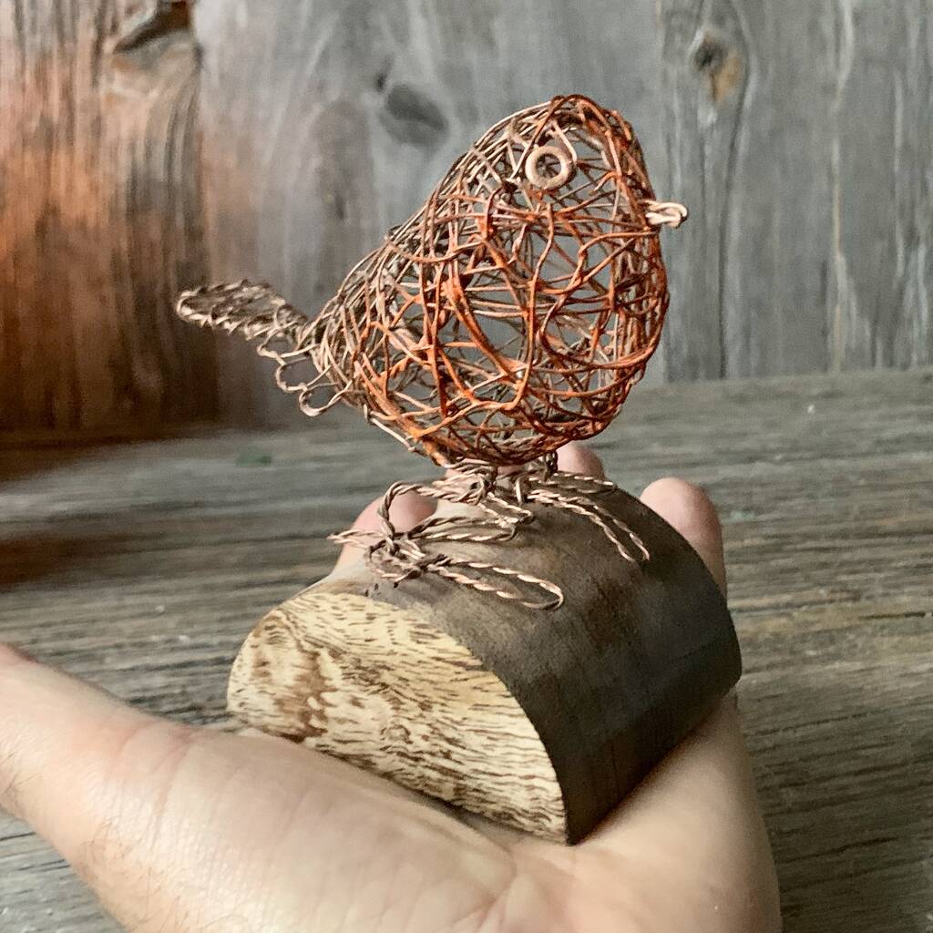 Wire Robin on Wooden Plinth