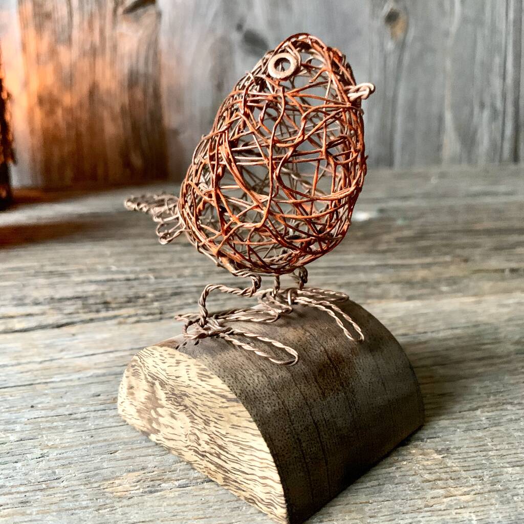 Wire Robin on Wooden Plinth