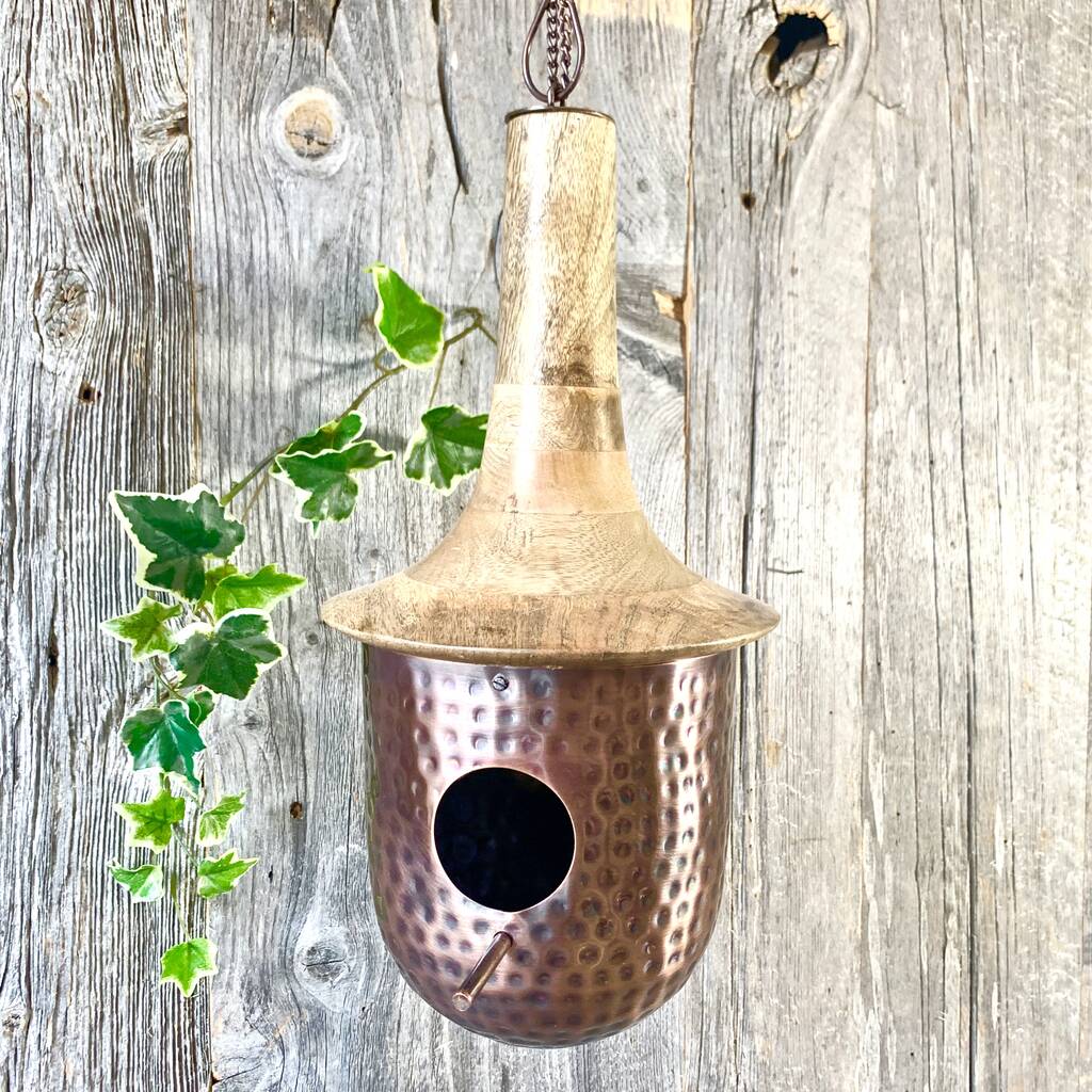Wooden Roof Antique Copper Birdhouse