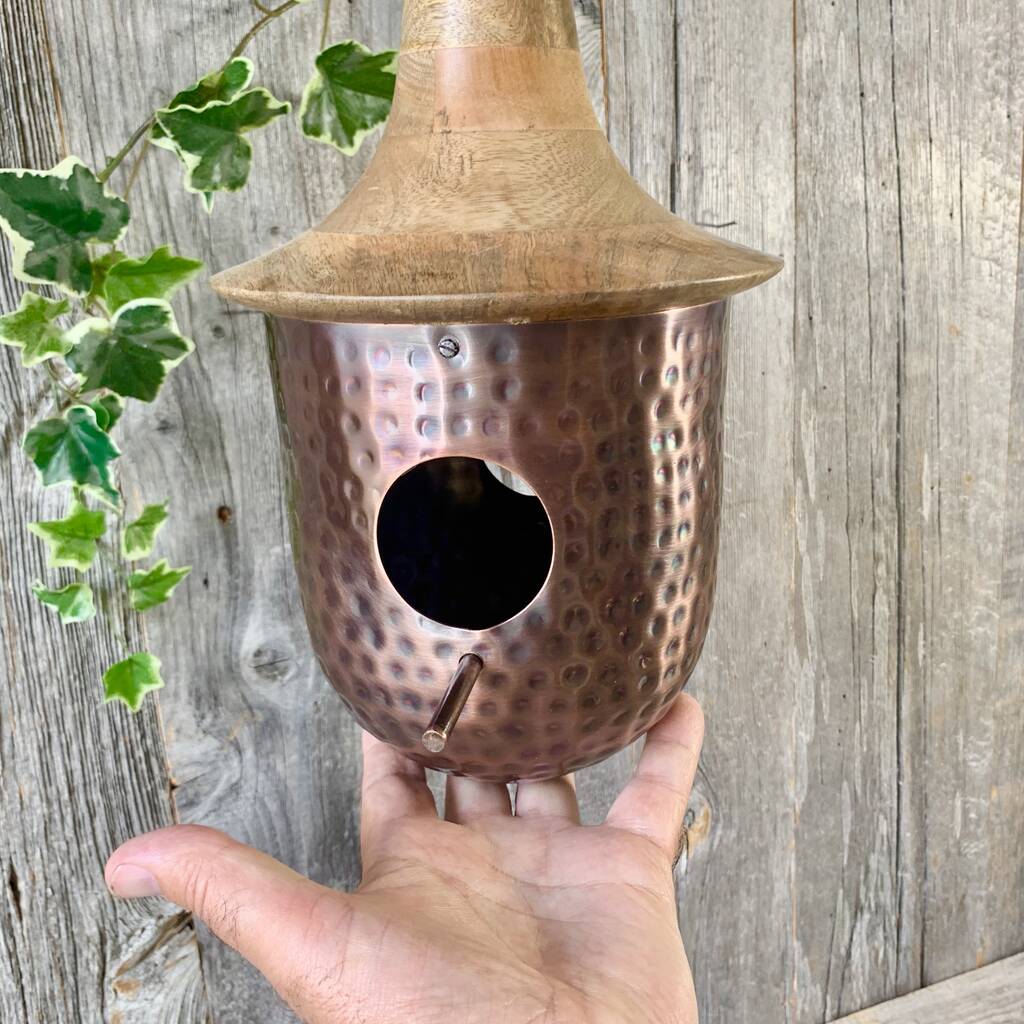 Wooden Roof Antique Copper Birdhouse