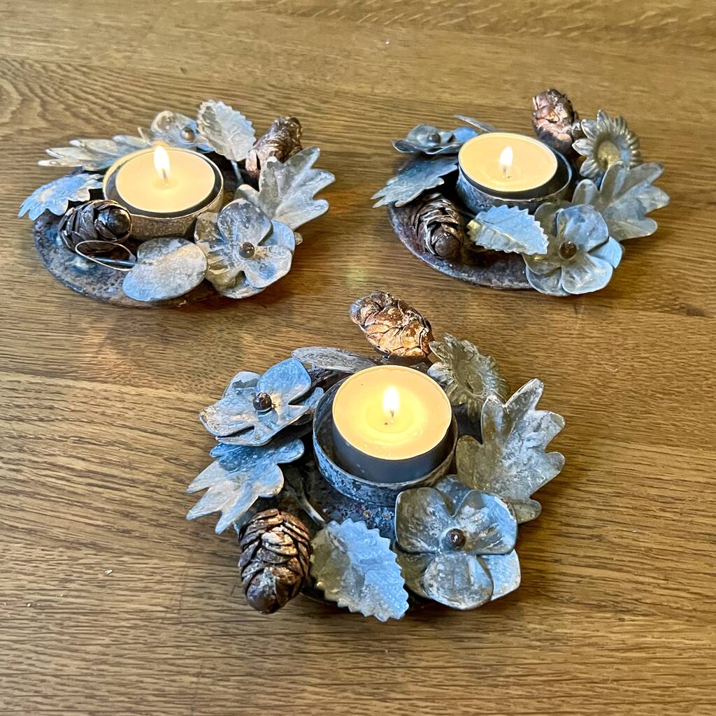 Zinc Botanical Tea Light Holder Set/ Three