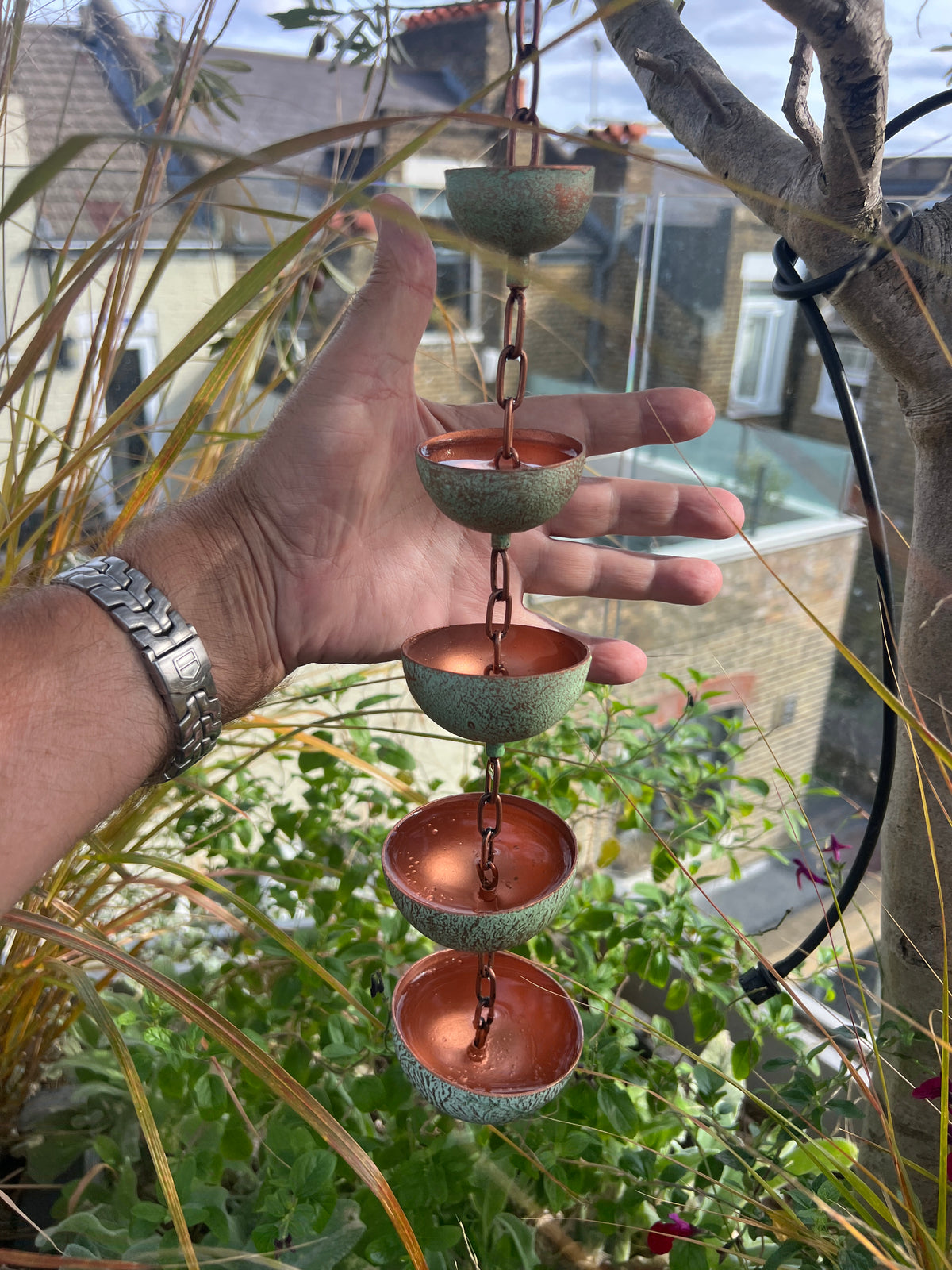 Copper Hanging Raincatchers Verdigris Finish