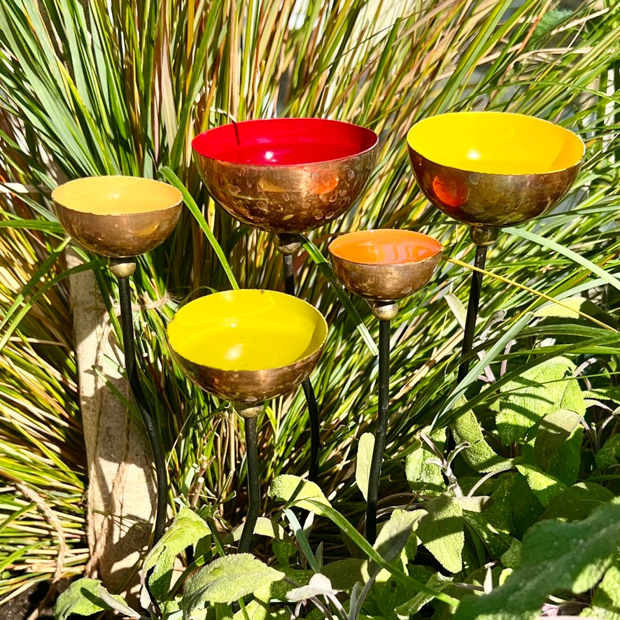 Set of 5 Copper Rain Catchers – Tangerine, Green, Red, Orange & Yellow