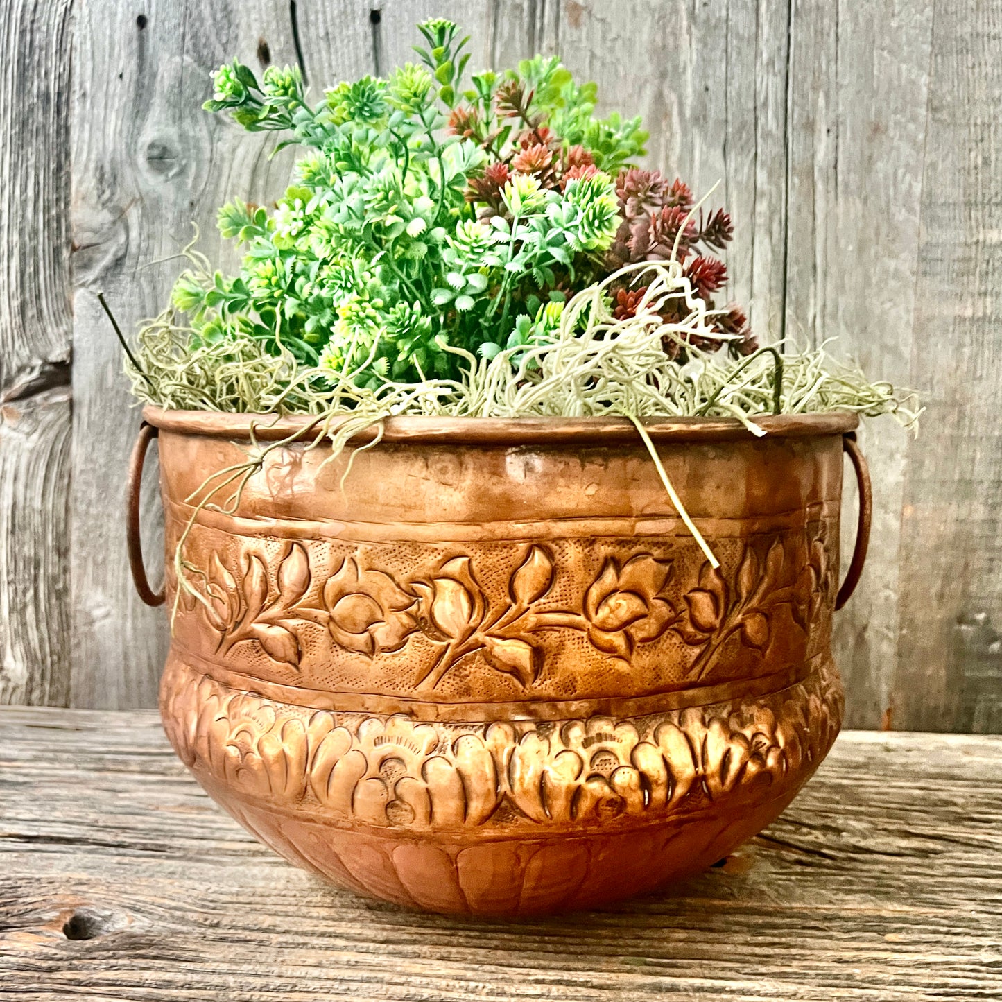 Vintage Copper Floral Embossed Planter – Large Indoor Plant Pot with Brass Ring Handles