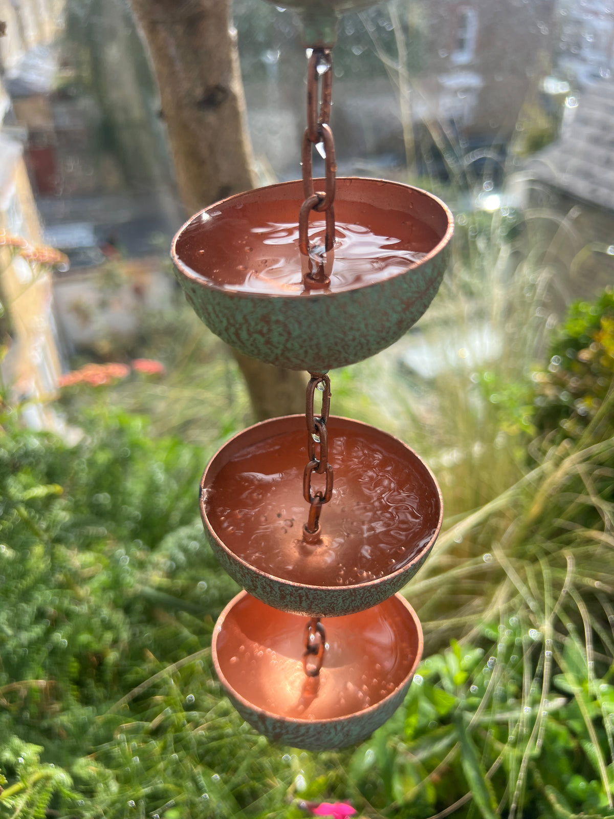 Copper Hanging Raincatchers Verdigris Finish
