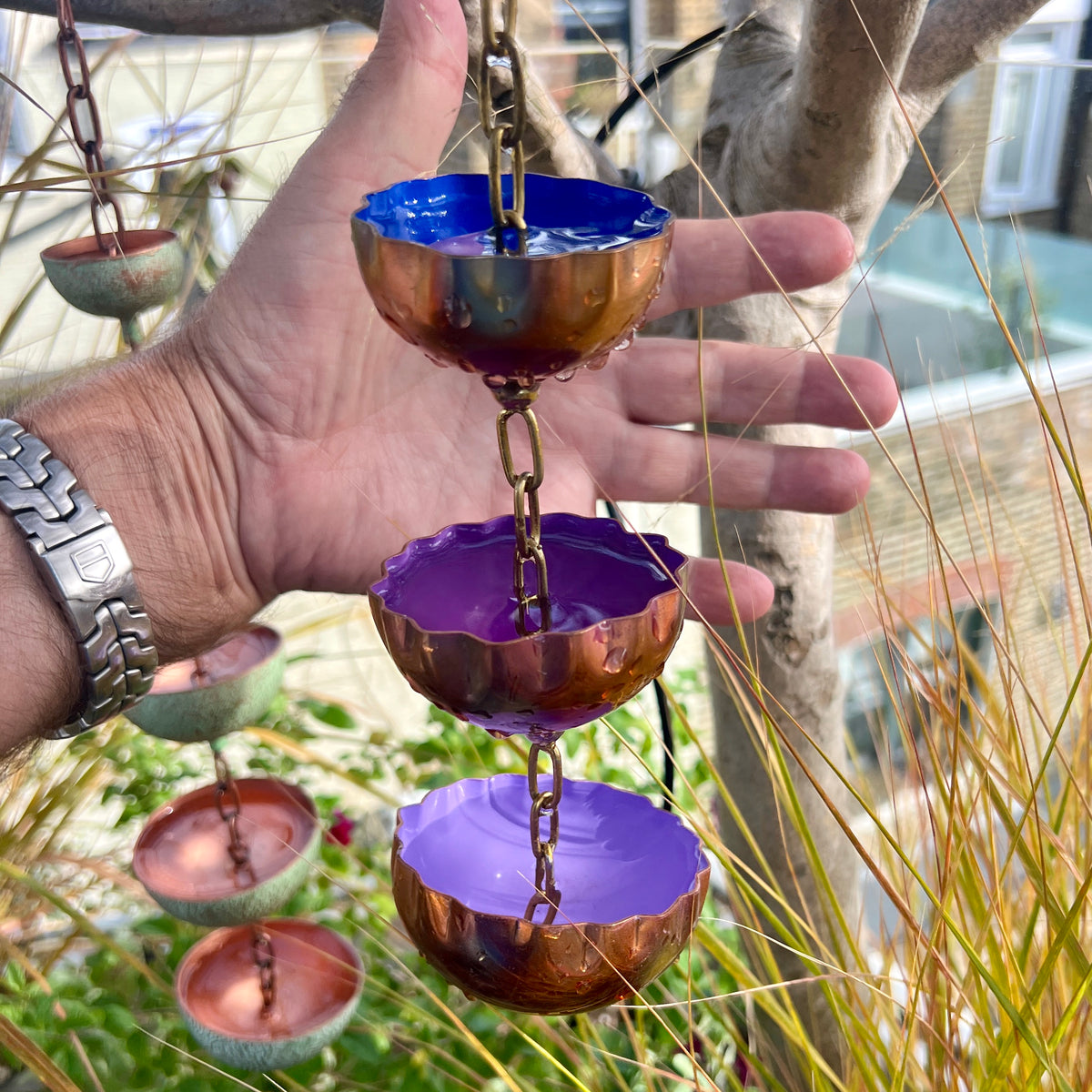 Copper Hanging Raincatchers Cool Colours