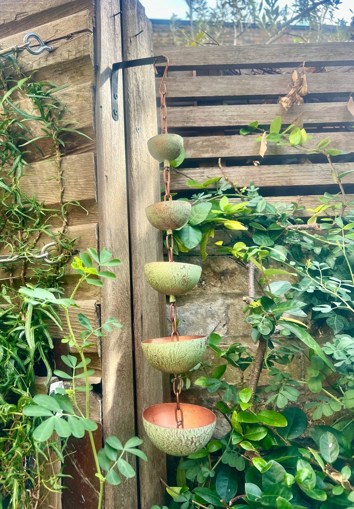 Copper Hanging Raincatchers Verdigris Finish