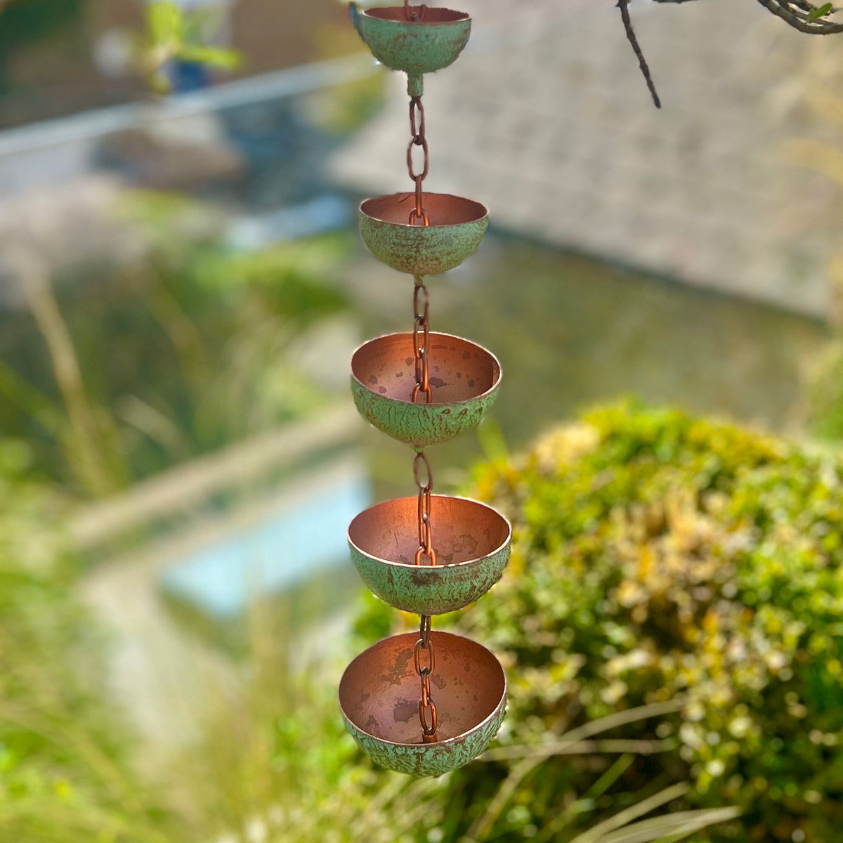 Copper Hanging Raincatchers Verdigris Finish