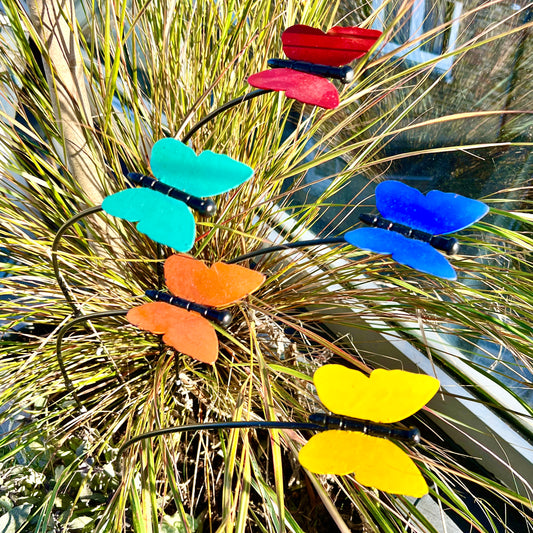 Set of 5 Metal Butterfly Garden Stakes – Colourful Outdoor Yard Art on Black Poles