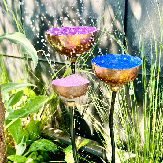 Set of 3 Colour-Coated Copper Cup Rain Catchers – Pink, Blue, Lilac