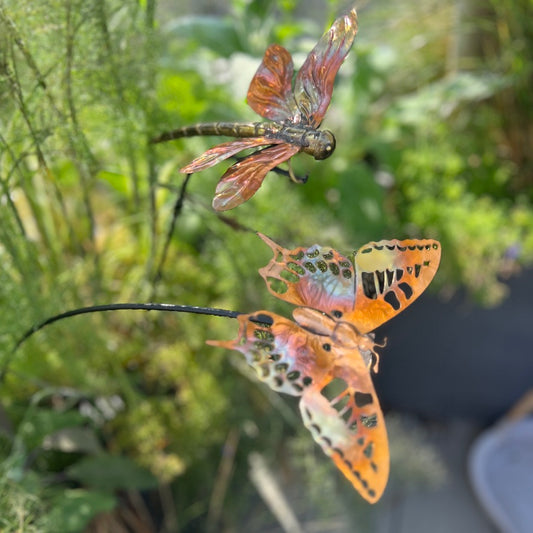 Set of 2 Copper Garden Sculptures – Butterfly & Dragonfly on 80 cm Poles – Save £10