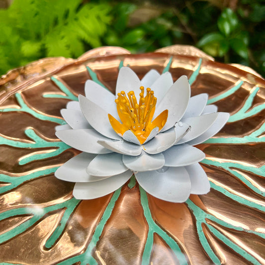 Copper Lily Pad Sculpture with White Flower