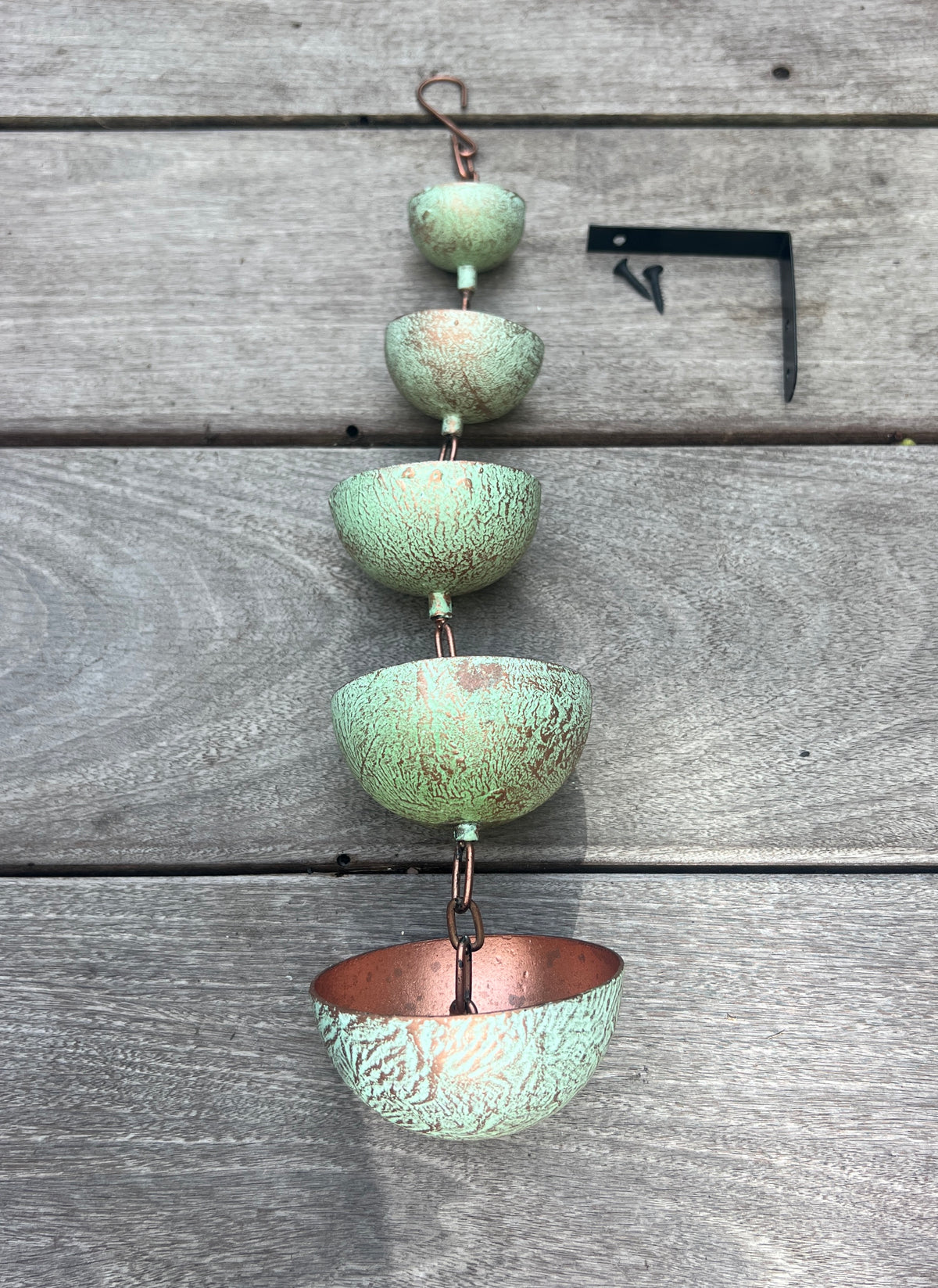 Copper Hanging Raincatchers Verdigris Finish