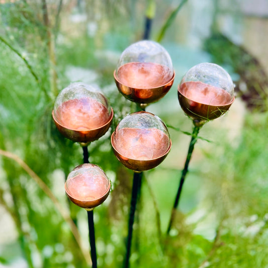 Clear Glass & Copper Garden Sculpture Set – 5 Blown Glass Globes on Stakes