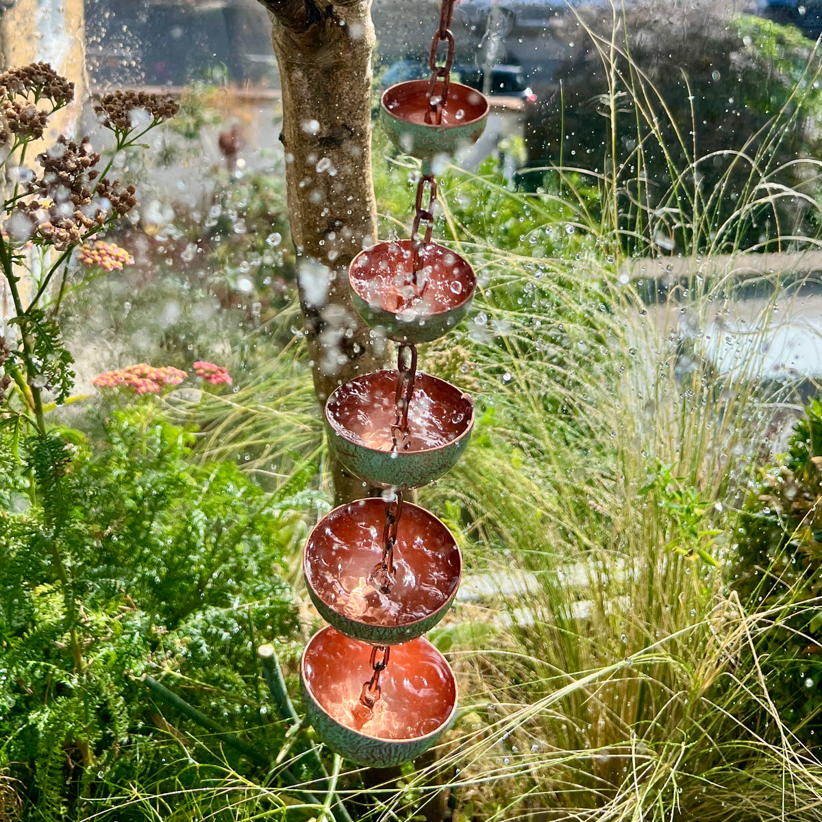 Copper Hanging Raincatchers Verdigris Finish