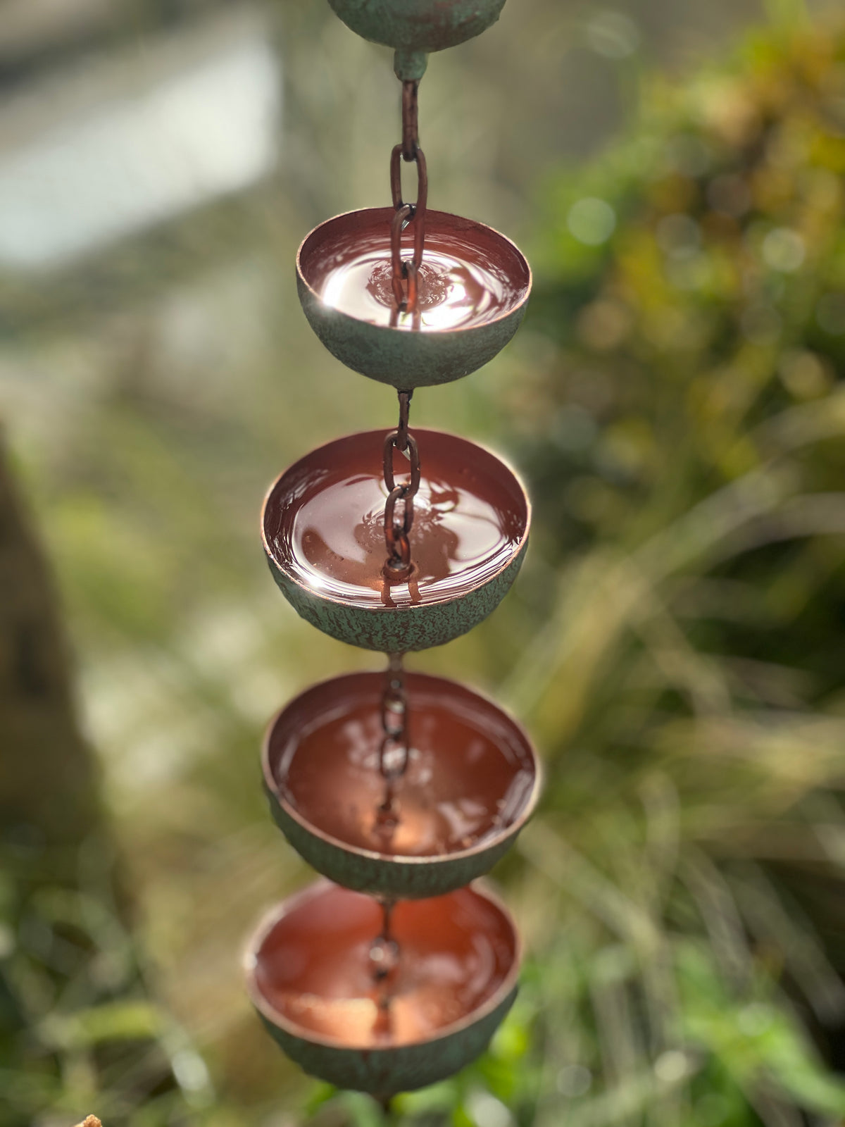 Copper Hanging Raincatchers Verdigris Finish