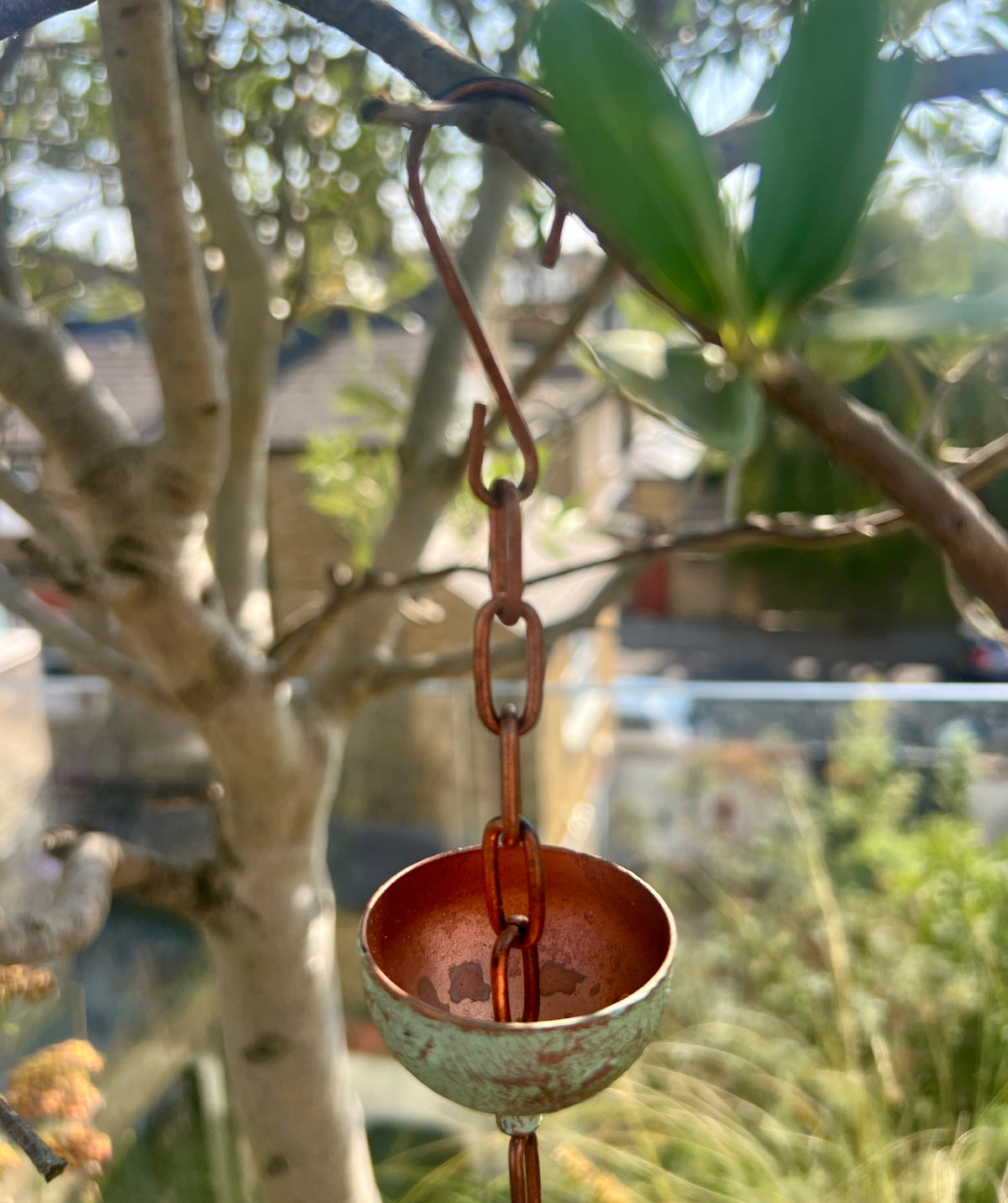 Copper Hanging Raincatchers Verdigris Finish