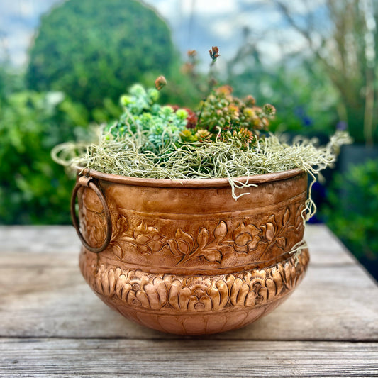 Vintage Copper Floral Embossed Planter – Large Indoor Plant Pot with Brass Ring Handles
