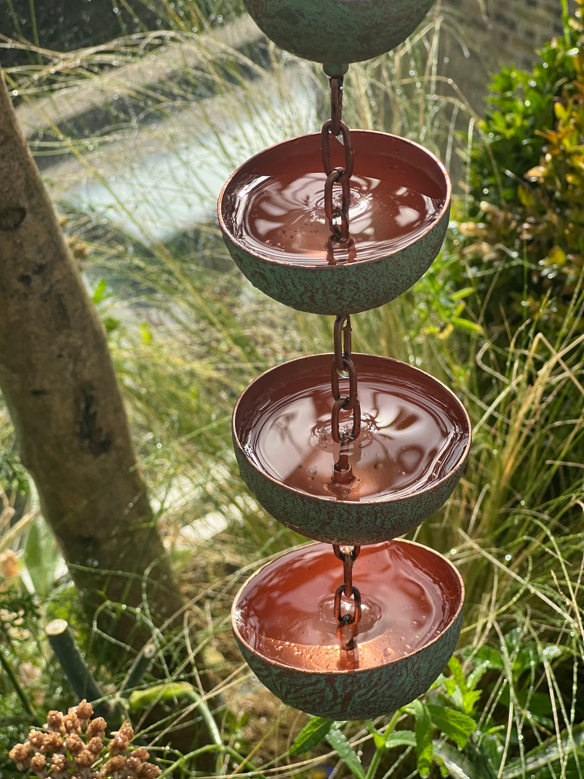 Copper Hanging Raincatchers Verdigris Finish