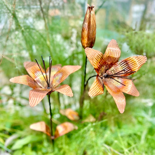 Set of 2 Copper Lily Flower Sculptures Outdoor Garden Art on Black Iron Stems