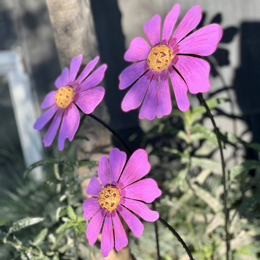Three Recycled Metal Cosmic Daisy Garden Sculptures