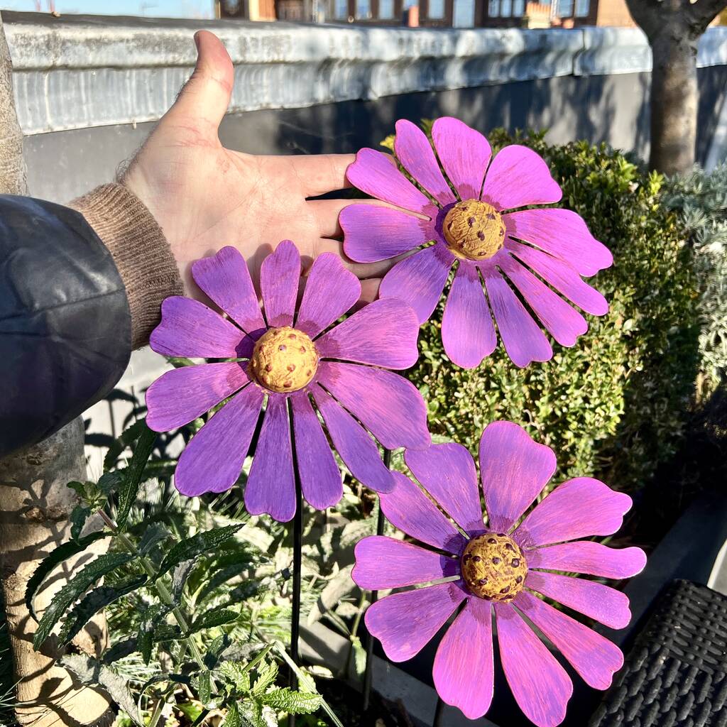 Three Recycled Metal Cosmic Daisy Garden Sculptures