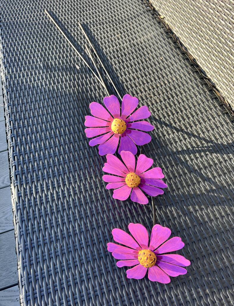 Three Recycled Metal Cosmic Daisy Garden Sculptures
