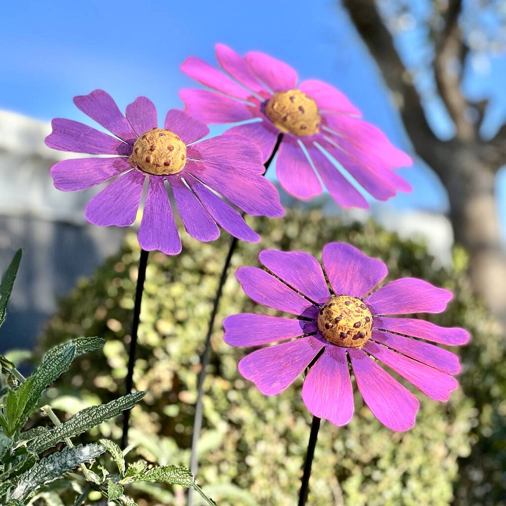 Three Recycled Metal Cosmic Daisy Garden Sculptures