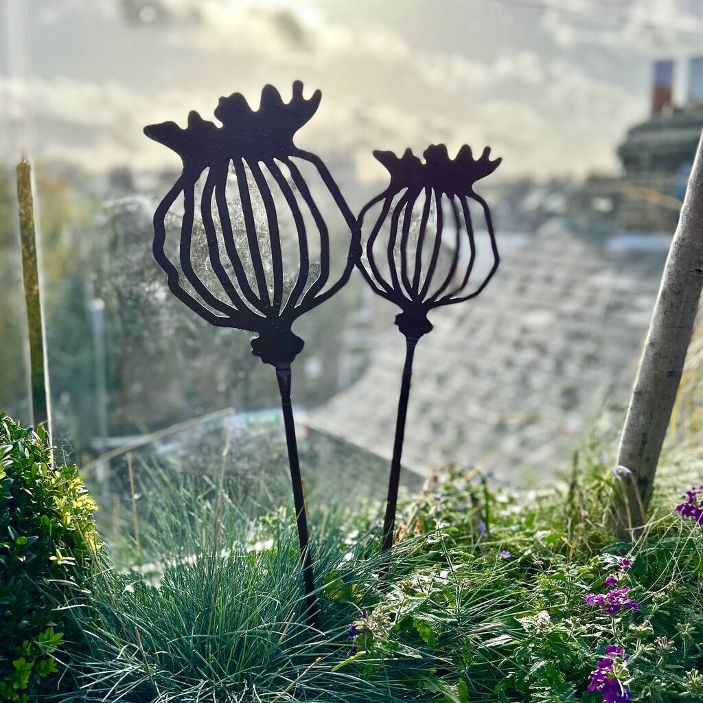poppy seed head garden stakes Set of 2 Poppy Seed Head Garden Stakes – London Garden Trading