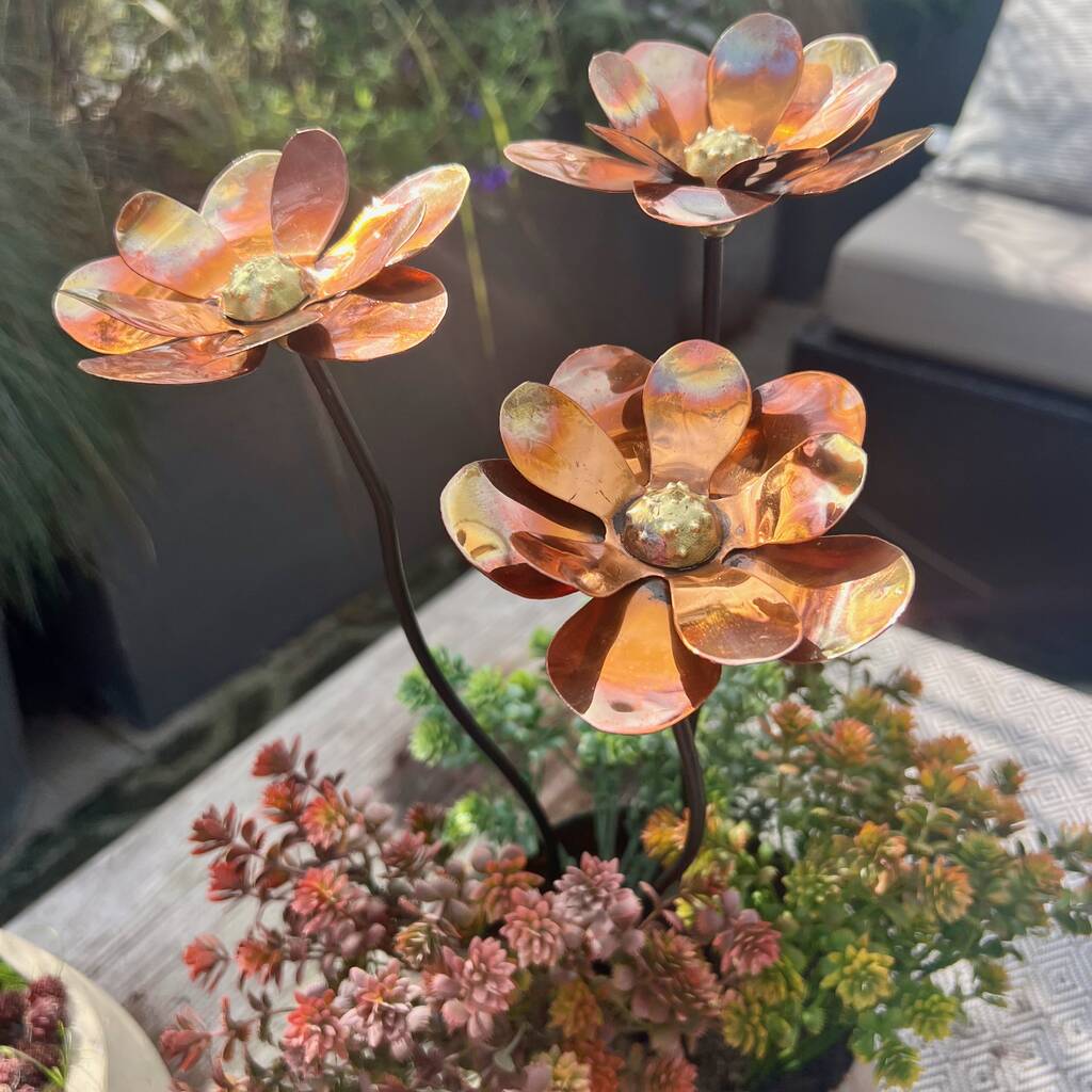 Set Of Three Copper Dahlia Garden Stakes