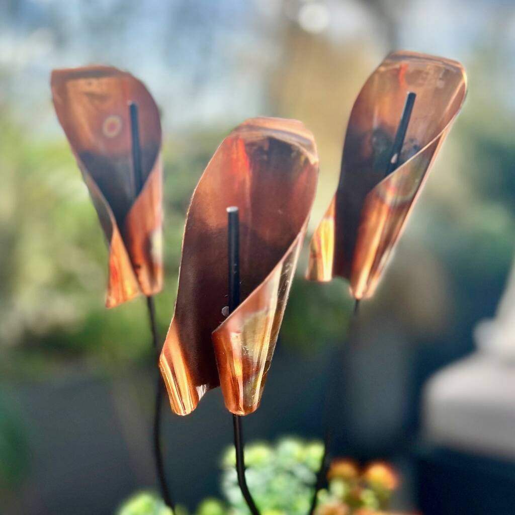 Set Of Three Copper Lily Garden Pot Sculptures