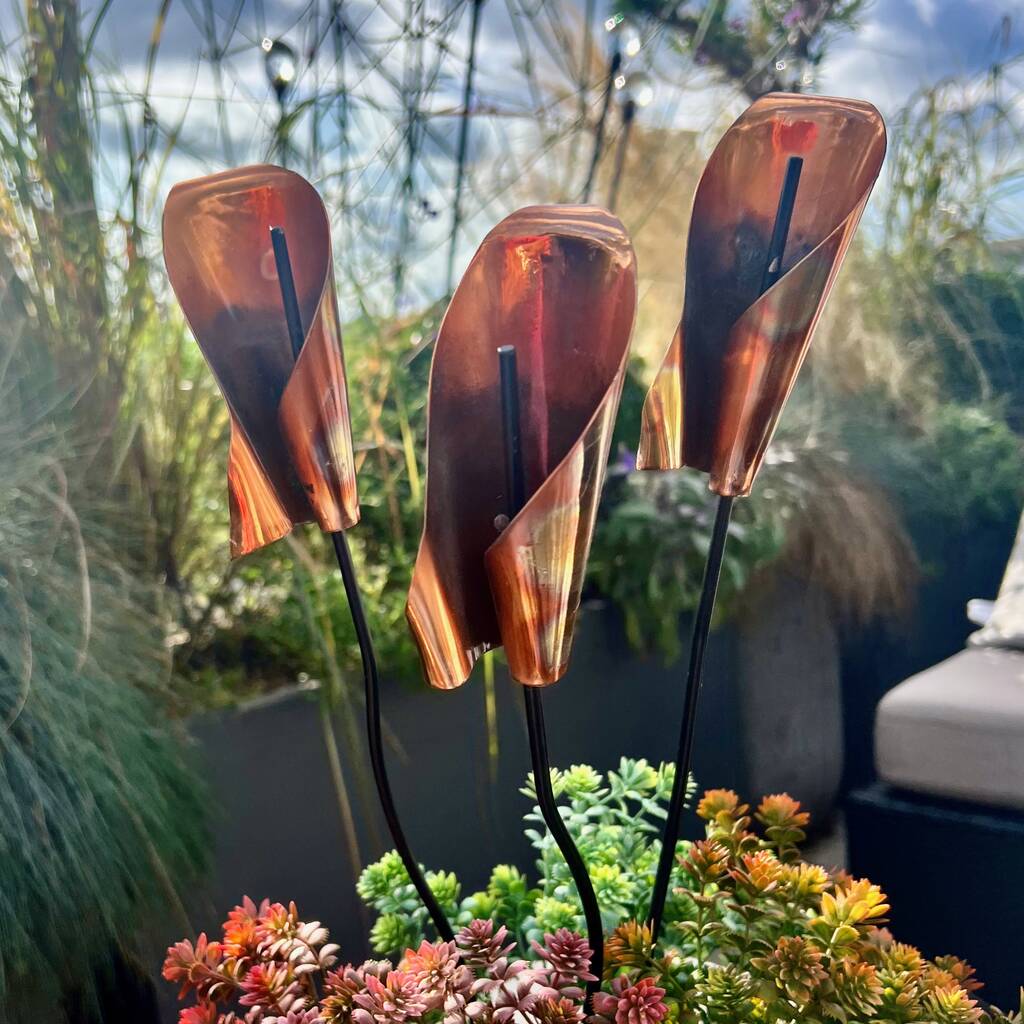 Set Of Three Copper Lily Garden Pot Sculptures