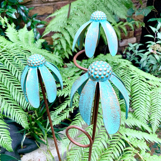 Set of 3 Verdigris Echinacea Garden Stakes