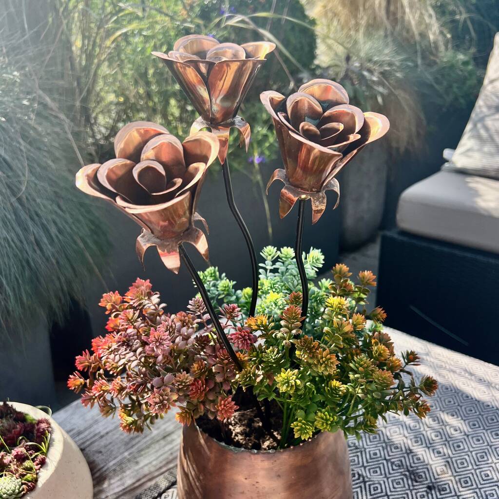 Set Of Three  Copper Rose Pot Sculptures