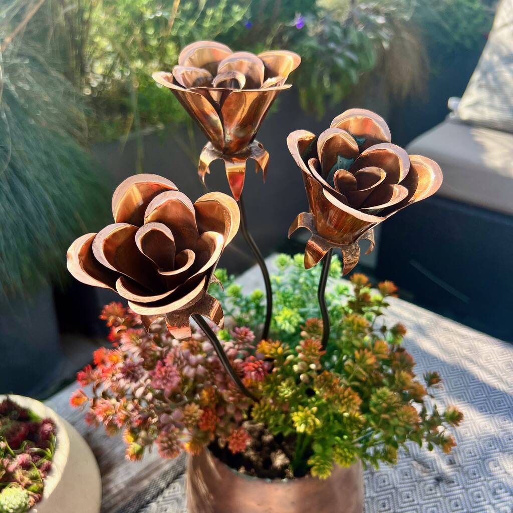 Set Of Three  Copper Rose Pot Sculptures