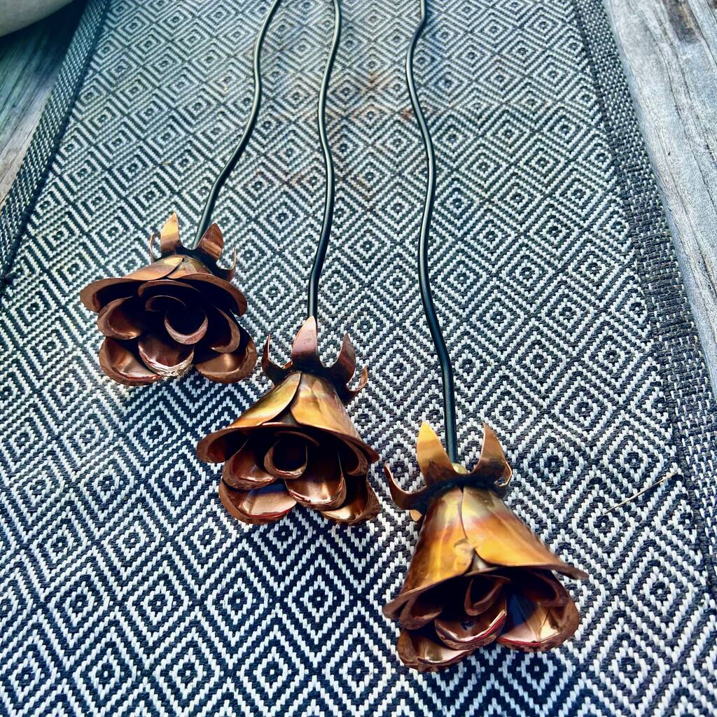 Set Of Three  Copper Rose Pot Sculptures