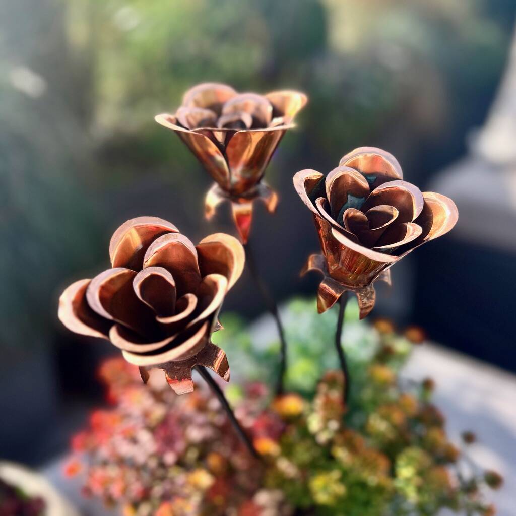 Set Of Three  Copper Rose Pot Sculptures