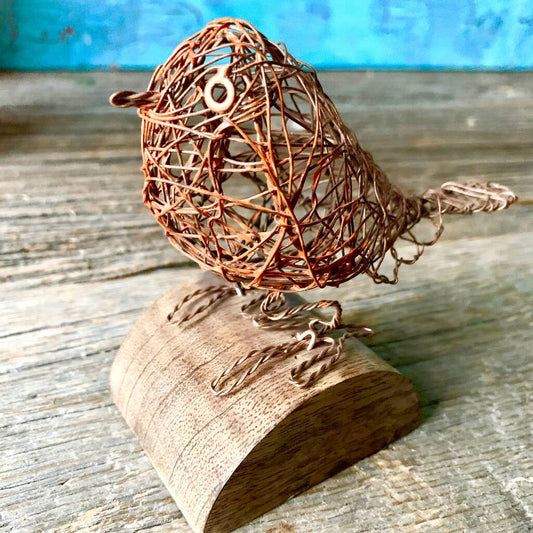Wire Robin on Wooden Plinth